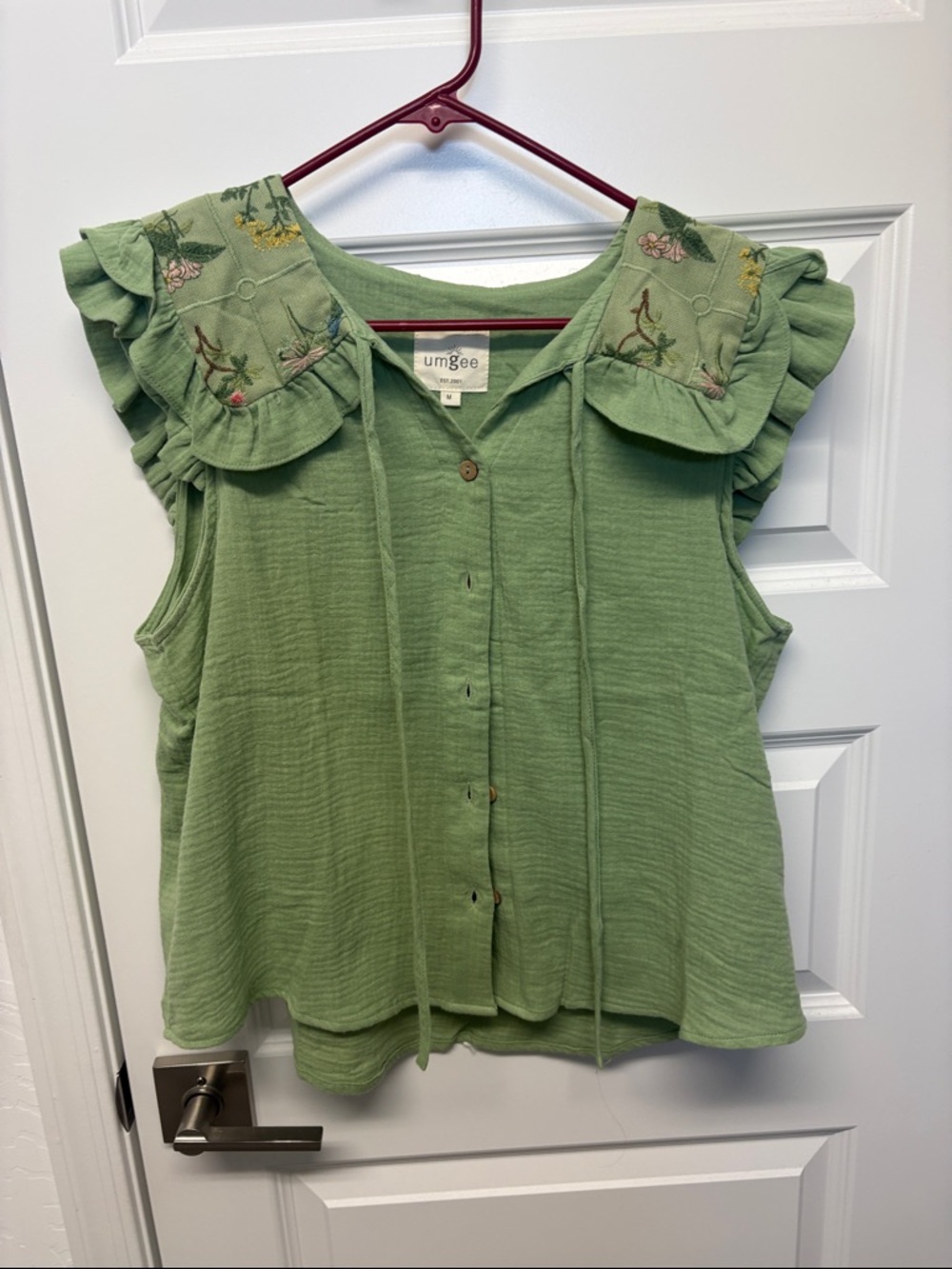 Umgee Green Ruffle Sleeve Button Front Top
